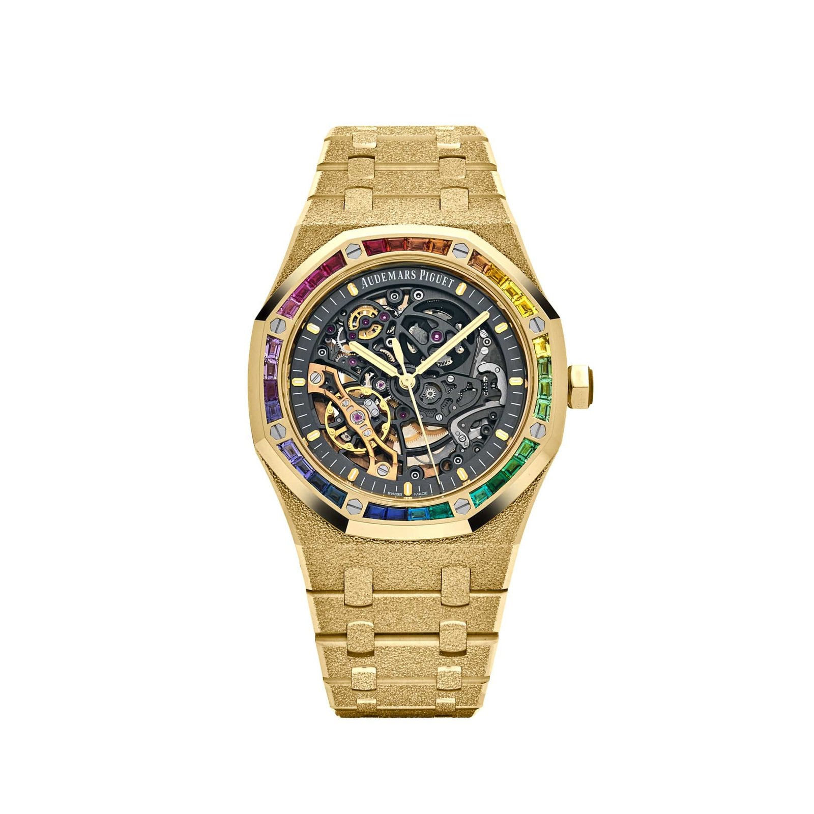 Royal Oak Frosted Yellow Gold Double Balance Wheel Rainbow Bezel