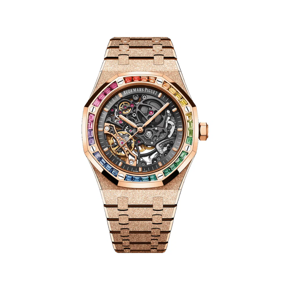 Royal Oak Double Balance Wheel Frosted Rose Gold Rainbow Bezel