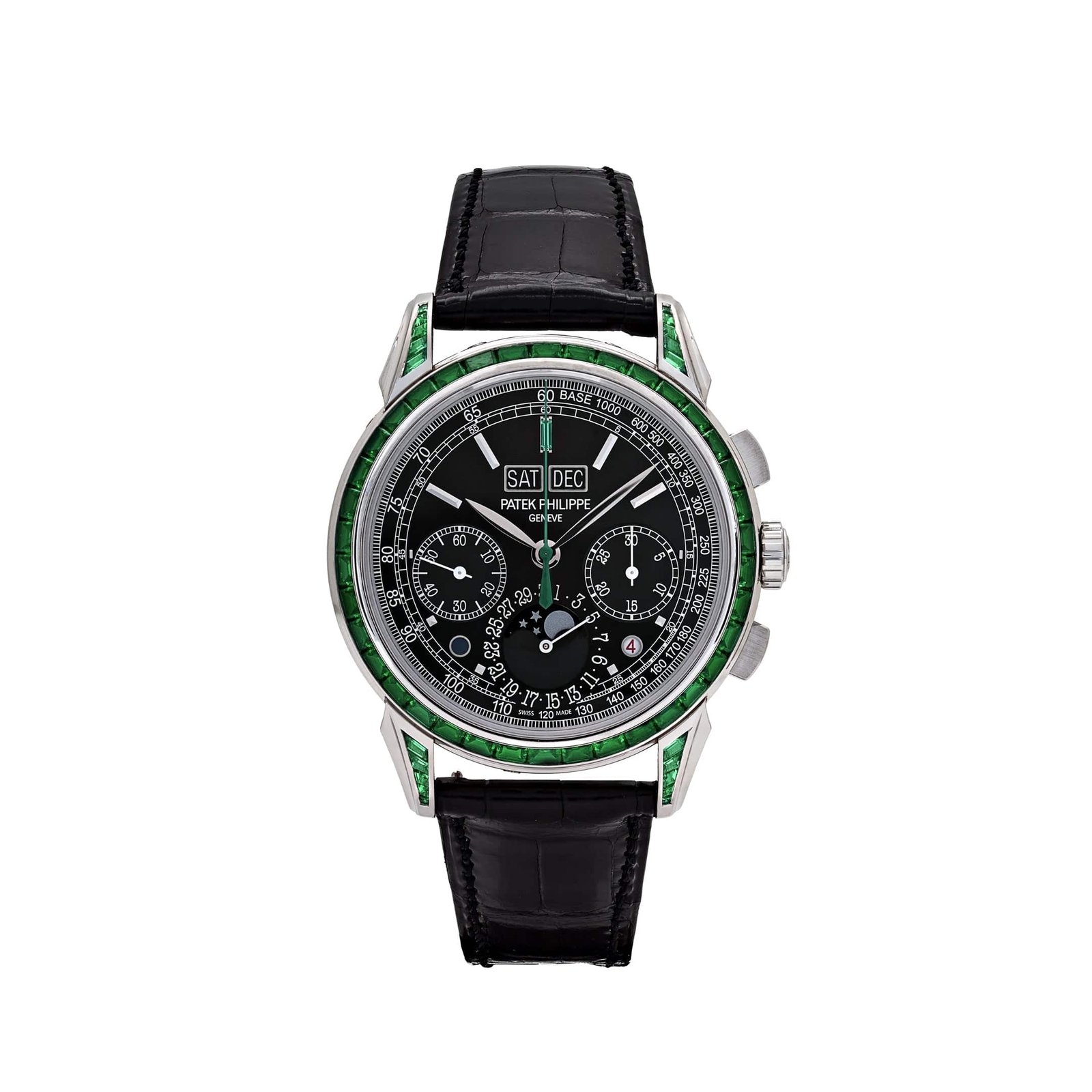 Grand Complications Perpetual Calendar Moon Phases Platinum Emerald Bezel Black Dial