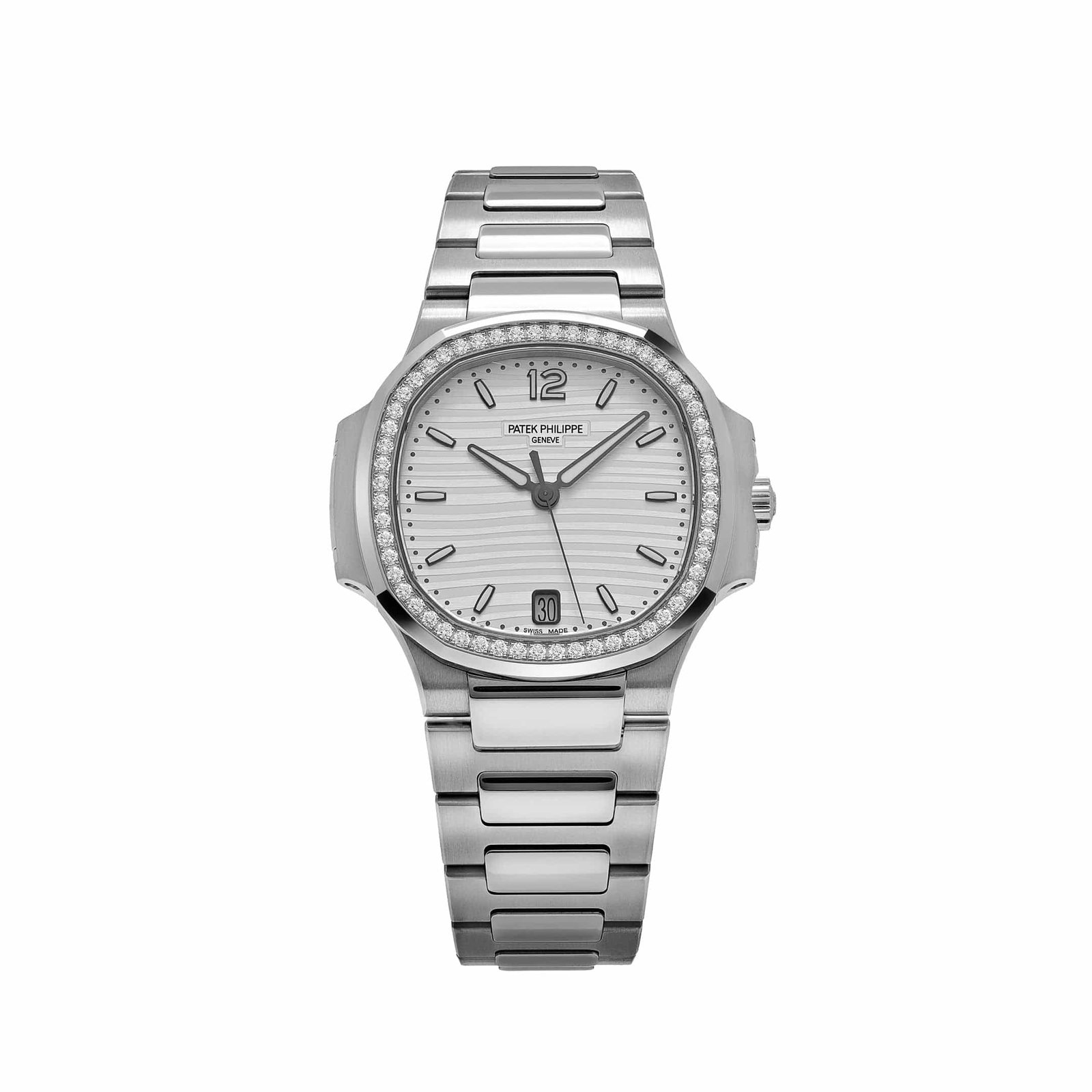 Nautilus 'Ladies' Stainless Steel Silver Dial Diamond Bezel