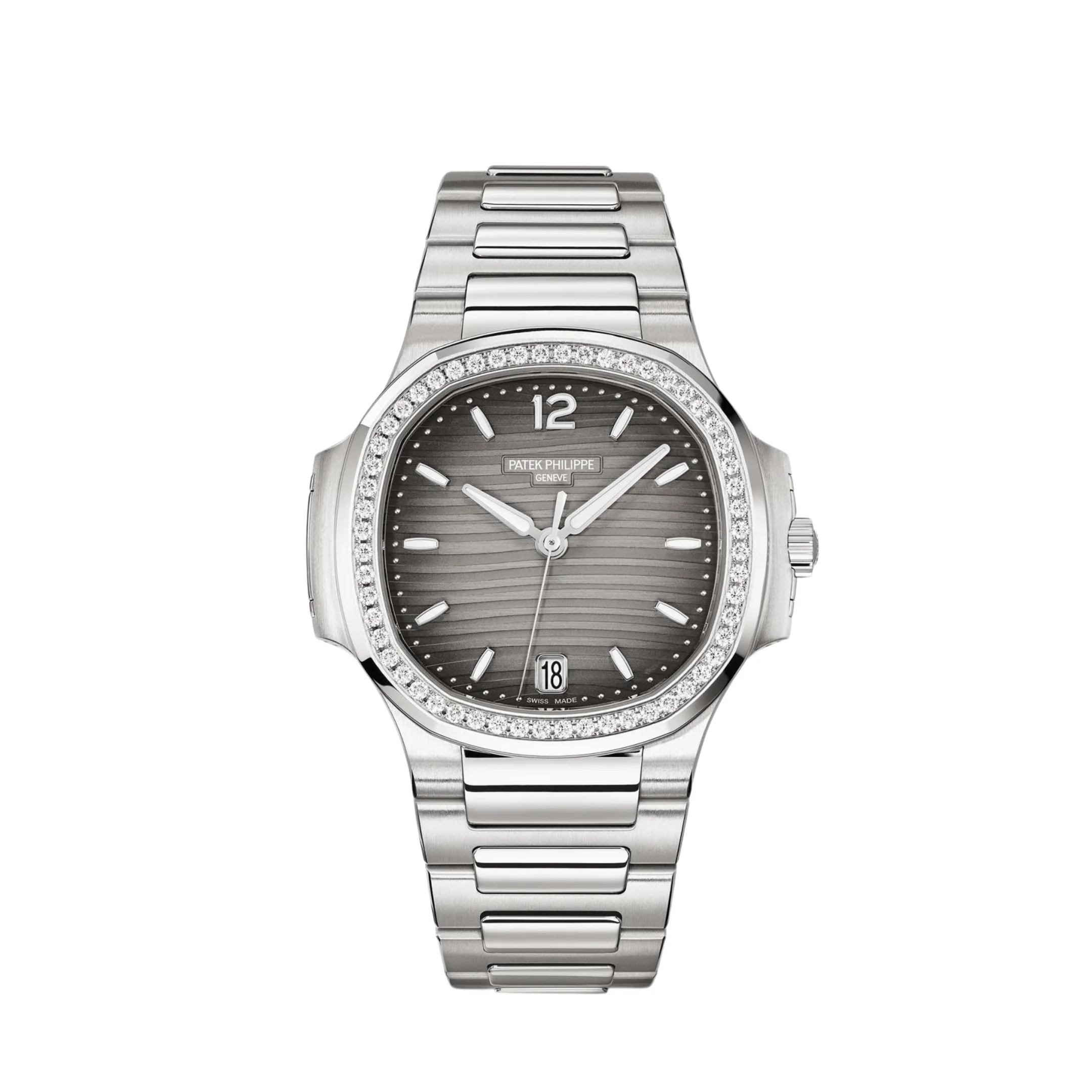 Nautilus 'Ladies' Stainless Steel Grey Dial Diamond Bezel