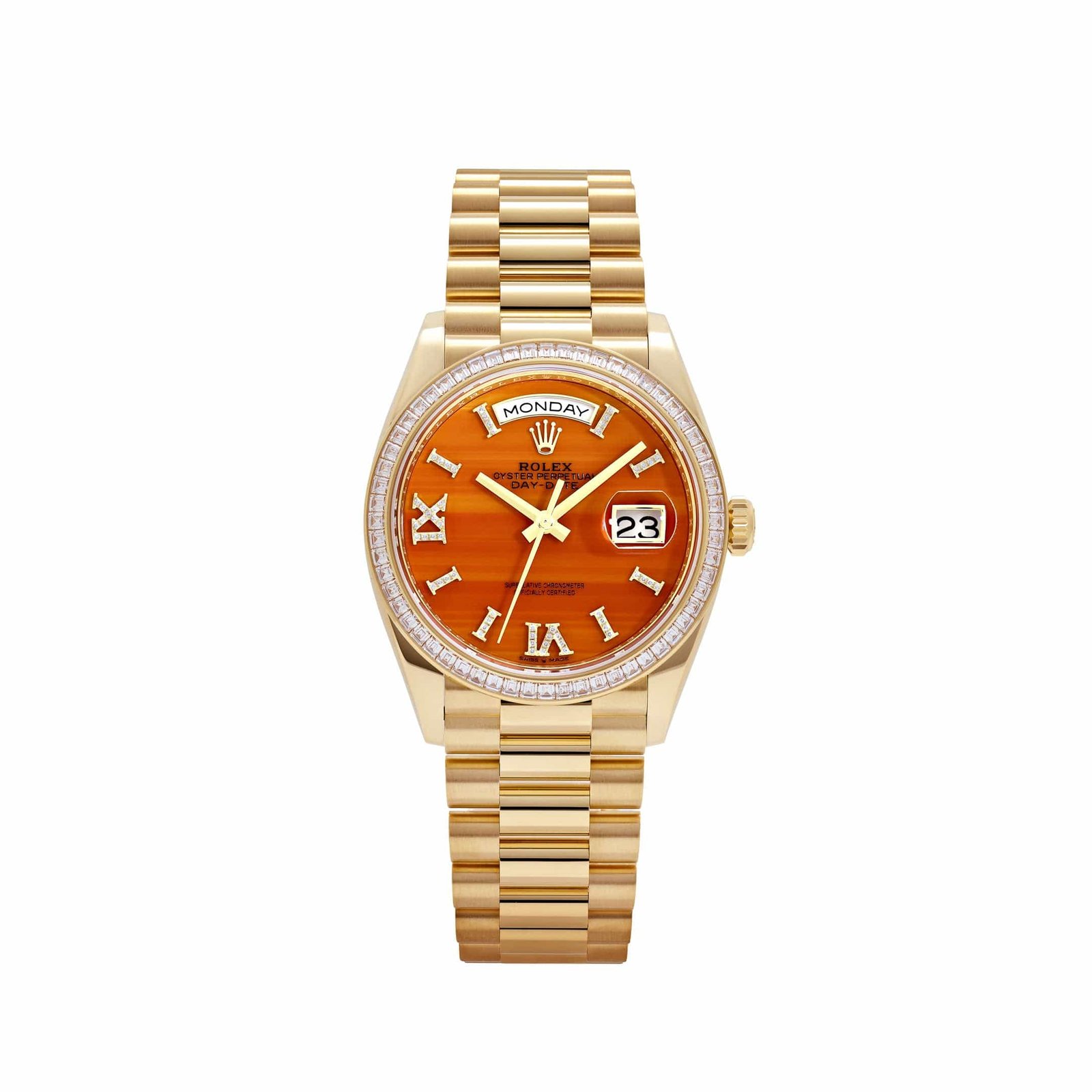 Day-Date Yellow Gold Carnelian Diamond Roman Numerals Dial Diamond Bezel