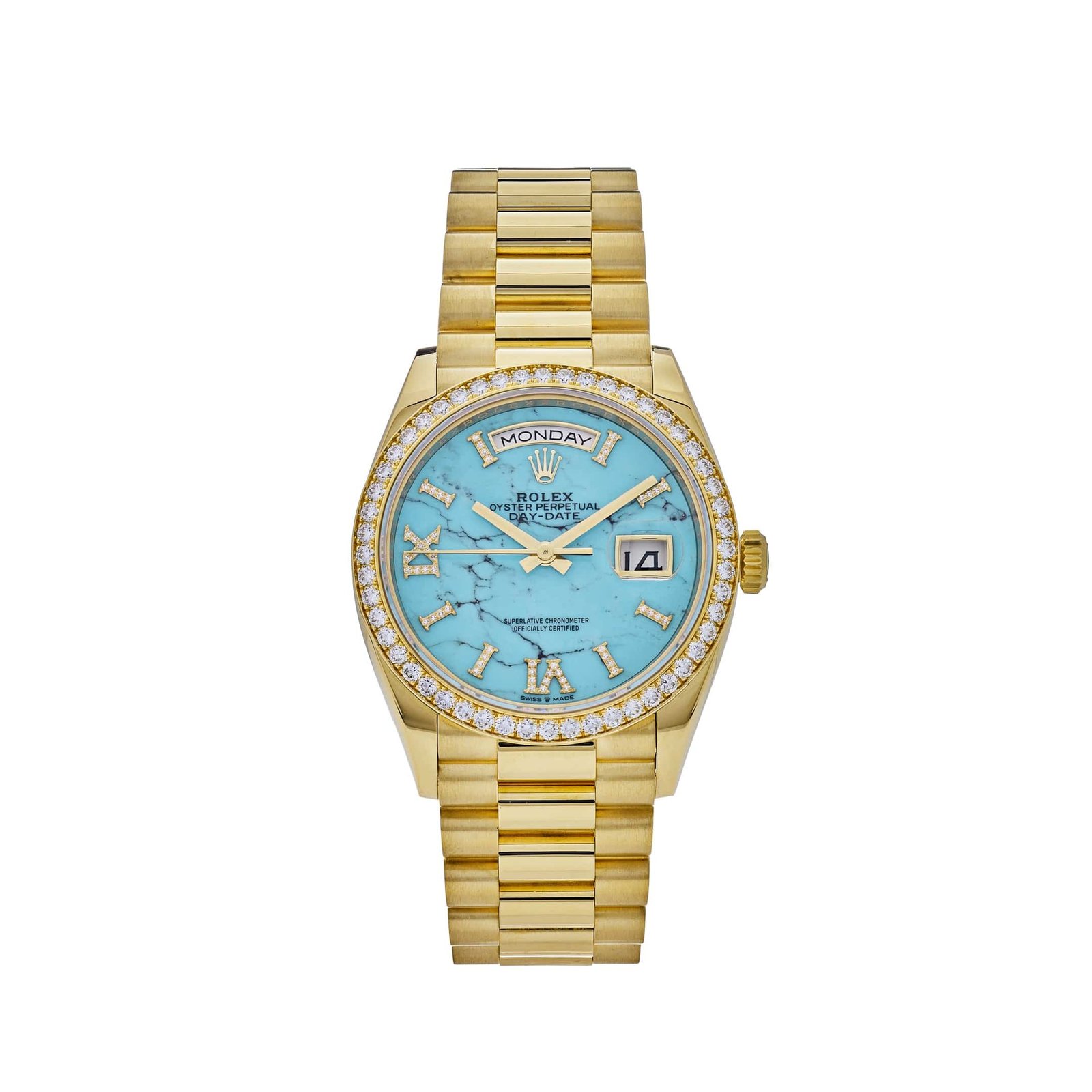 Day-Date Yellow Gold Diamond Bezel Turquoise Stone Diamond Dial