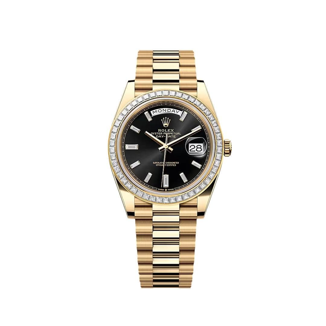 Day-Date Yellow Gold Black Diamond Baguette Dial Diamond Baguette Bezel