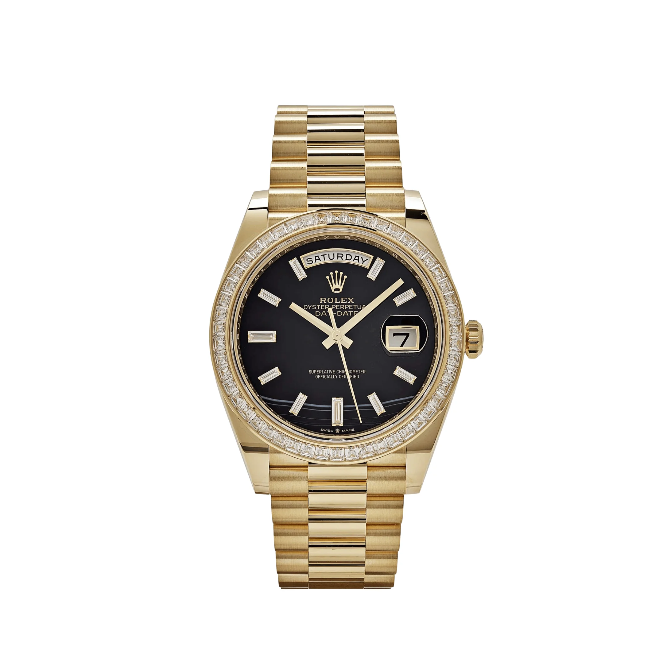 Day-Date Yellow Gold Onyx Baguette Diamond Dial Baguette Bezel