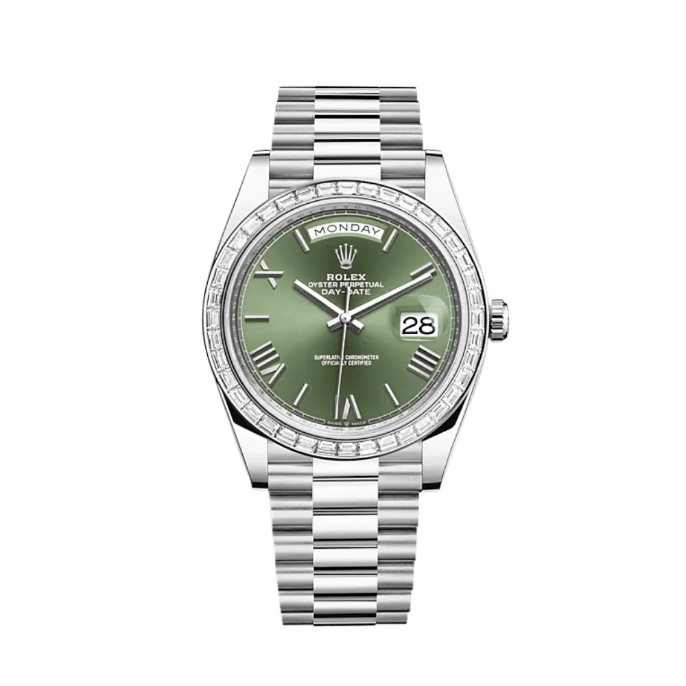 Day-Date Platinum Olive Green Dial Diamond Bezel