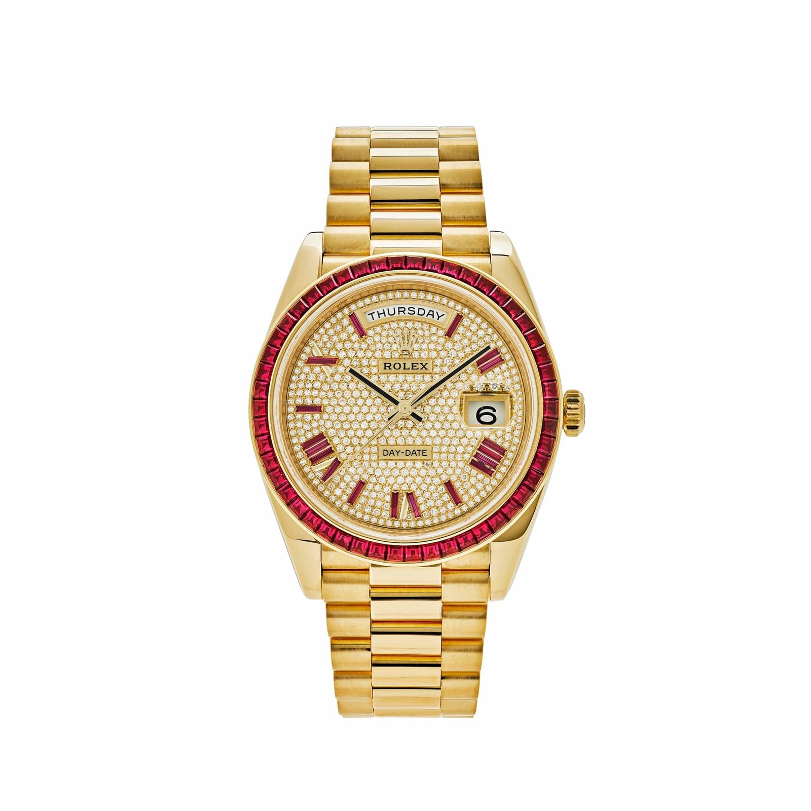 Day-Date Yellow Gold Roman Dial Ruby Bezel