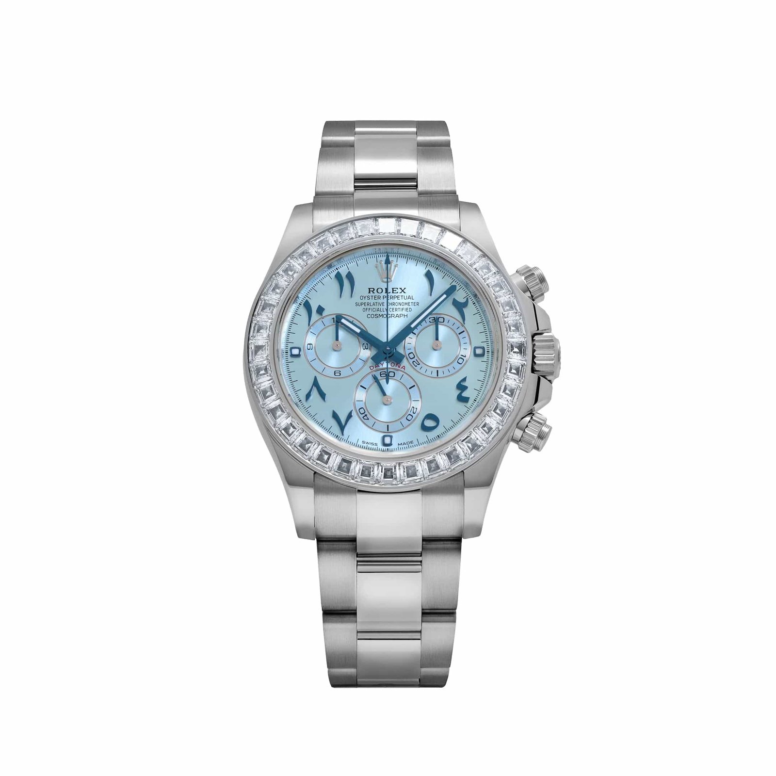 TBR Platinum Ice Blue Arabic Dial Diamond Baguette Bezel
