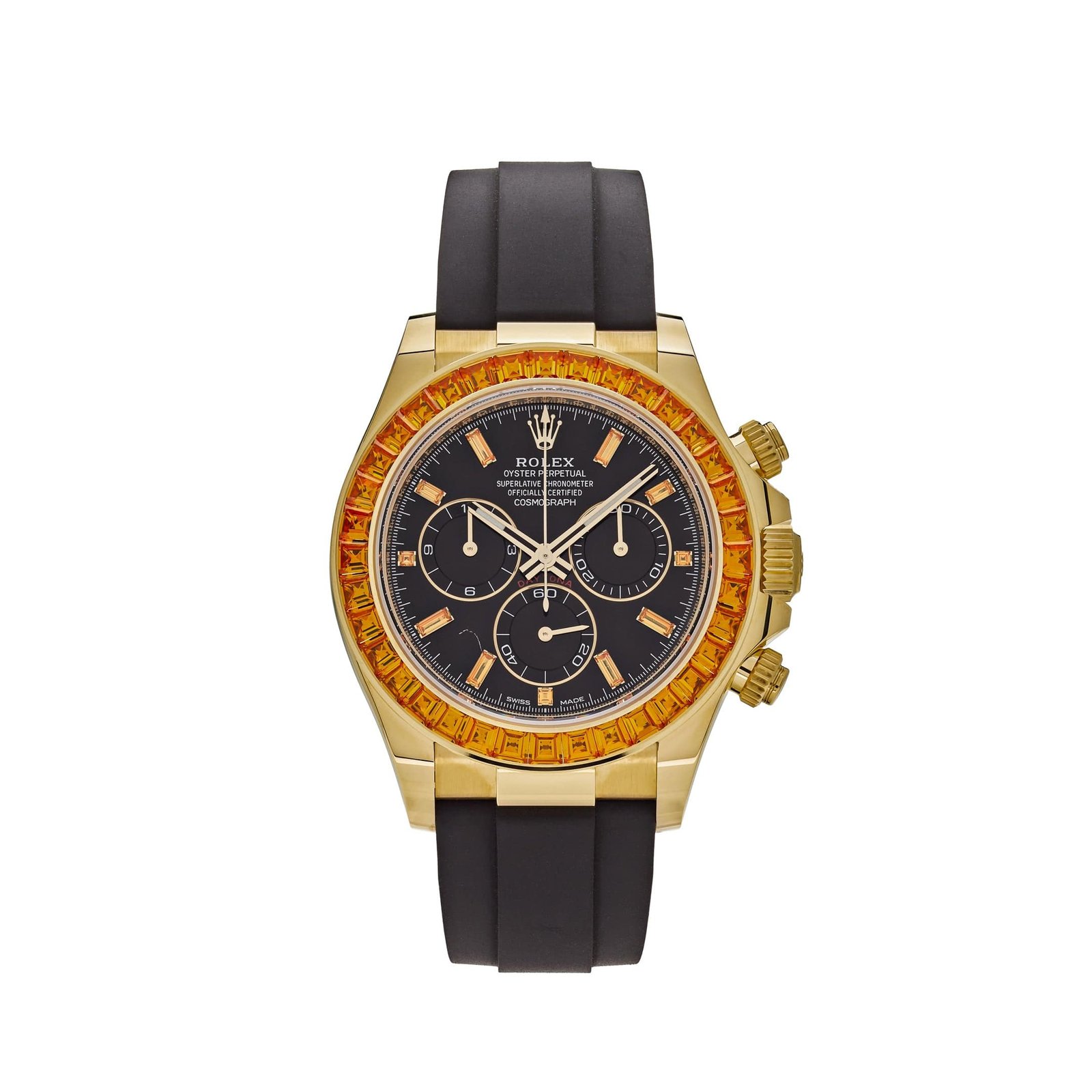 Daytona Yellow Gold Orange Sapphire Bezel Black Diamond Dial