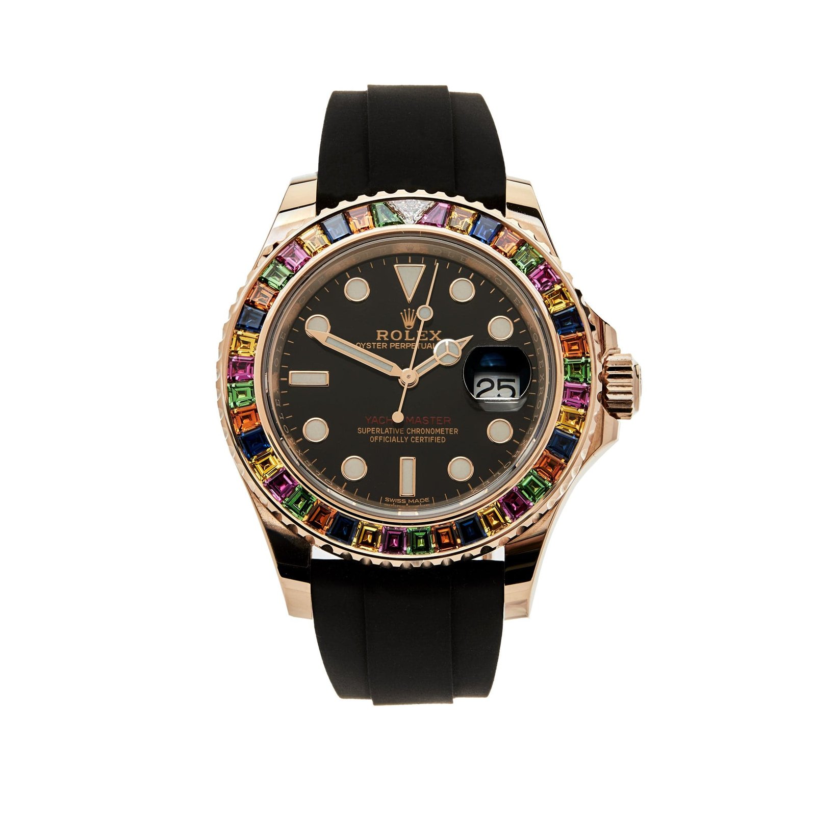 Yacht-Master Rose Gold Black Dial Rainbow Bezel